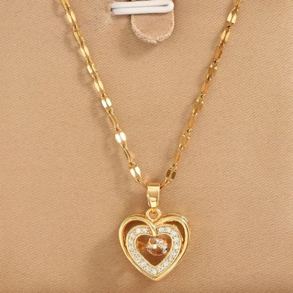Double-layer three-dimensional gold heart love shspe stainless steel necklace - Picture 2 of 6